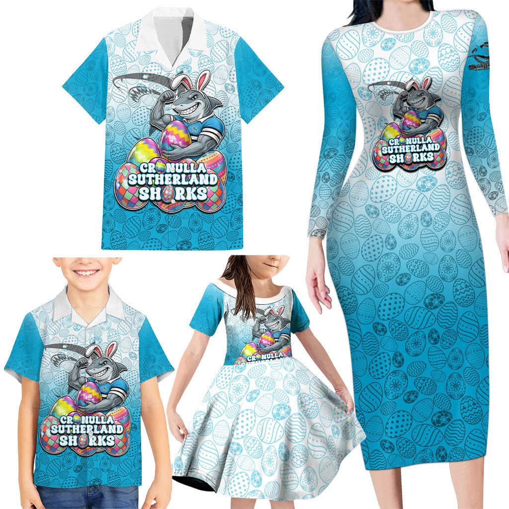Personalized Cronulla Sutherland Sharks Family Matching Long Sleeve Bodycon Dress and Hawaiian Shirt Easter Mascot - Colorful Eggs Cartoon Style
