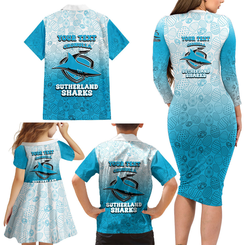 Personalized Cronulla Sutherland Sharks Family Matching Long Sleeve Bodycon Dress and Hawaiian Shirt Easter Mascot - Colorful Eggs Cartoon Style