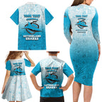 Personalized Cronulla Sutherland Sharks Family Matching Long Sleeve Bodycon Dress and Hawaiian Shirt Easter Mascot - Colorful Eggs Cartoon Style