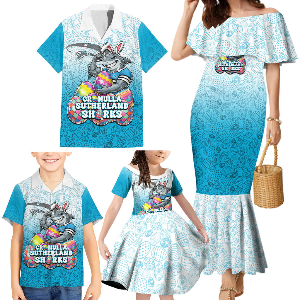 Personalized Cronulla Sutherland Sharks Family Matching Mermaid Dress and Hawaiian Shirt Easter Mascot - Colorful Eggs Cartoon Style