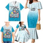 Personalized Cronulla Sutherland Sharks Family Matching Mermaid Dress and Hawaiian Shirt Easter Mascot - Colorful Eggs Cartoon Style