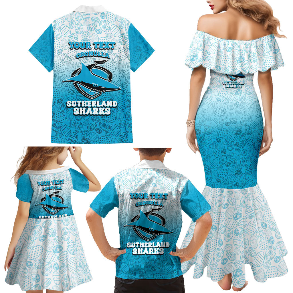 Personalized Cronulla Sutherland Sharks Family Matching Mermaid Dress and Hawaiian Shirt Easter Mascot - Colorful Eggs Cartoon Style