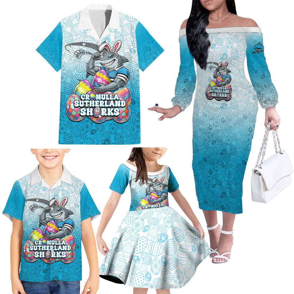 Personalized Cronulla Sutherland Sharks Family Matching Off The Shoulder Long Sleeve Dress and Hawaiian Shirt Easter Mascot - Colorful Eggs Cartoon Style