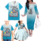 Personalized Cronulla Sutherland Sharks Family Matching Off The Shoulder Long Sleeve Dress and Hawaiian Shirt Easter Mascot - Colorful Eggs Cartoon Style