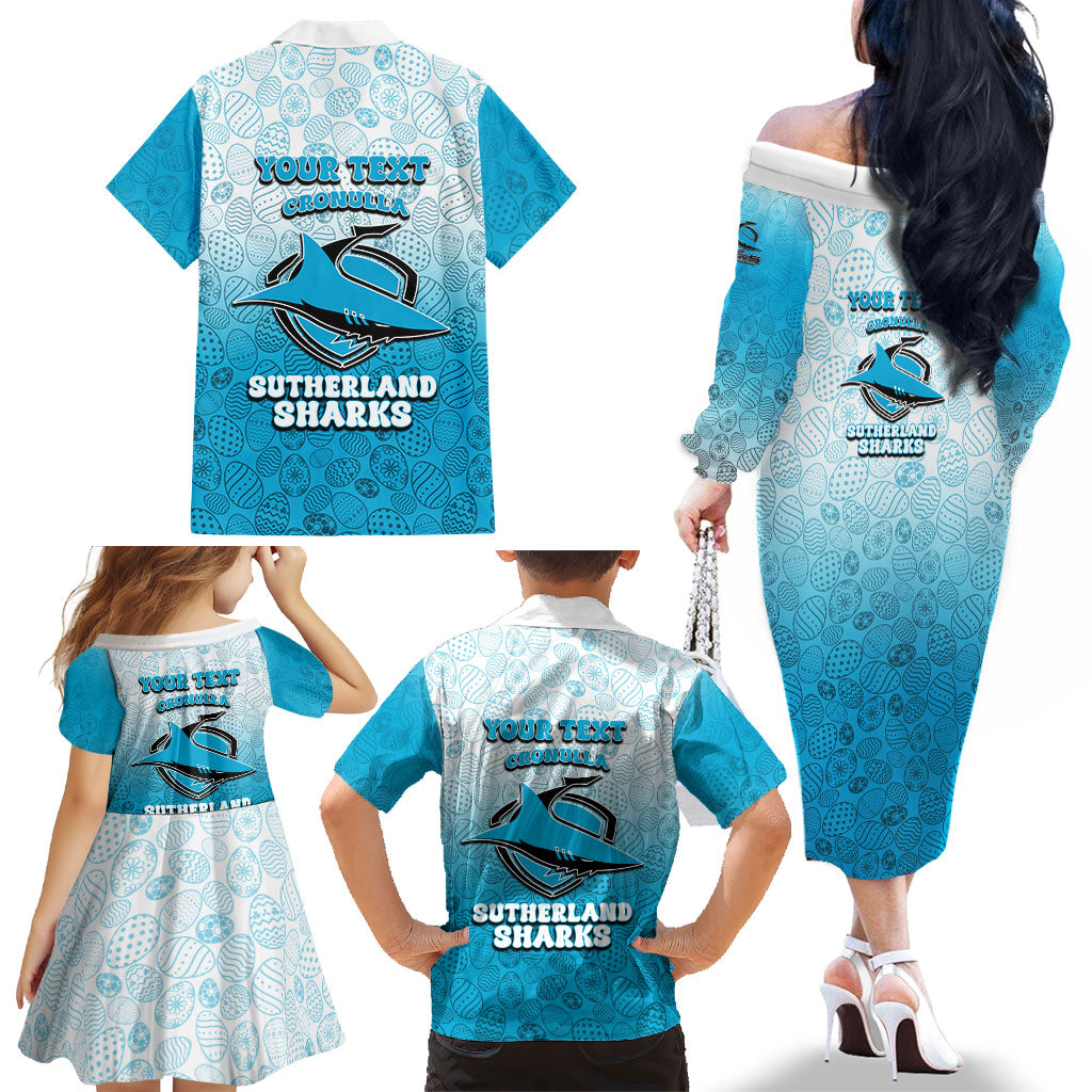 Personalized Cronulla Sutherland Sharks Family Matching Off The Shoulder Long Sleeve Dress and Hawaiian Shirt Easter Mascot - Colorful Eggs Cartoon Style