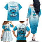 Personalized Cronulla Sutherland Sharks Family Matching Off The Shoulder Long Sleeve Dress and Hawaiian Shirt Easter Mascot - Colorful Eggs Cartoon Style