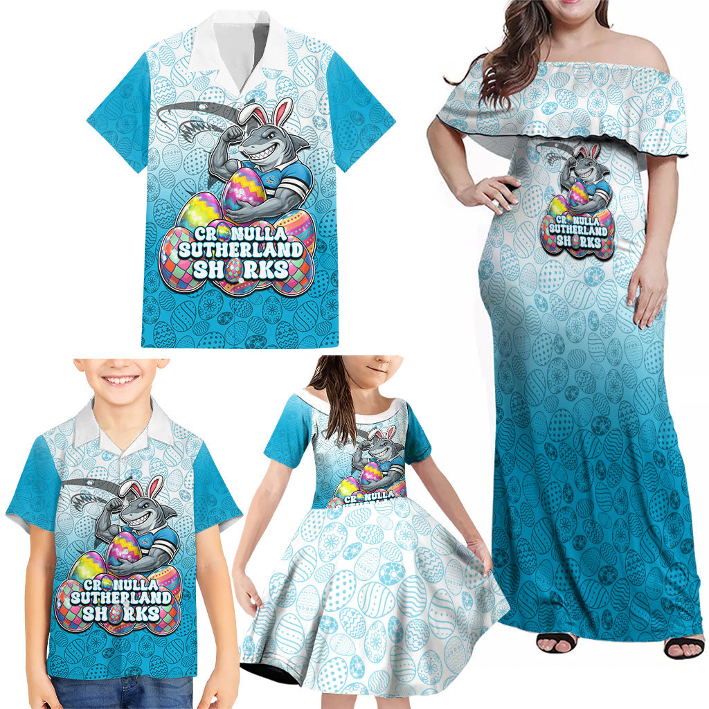 Personalized Cronulla Sutherland Sharks Family Matching Off Shoulder Maxi Dress and Hawaiian Shirt Easter Mascot - Colorful Eggs Cartoon Style