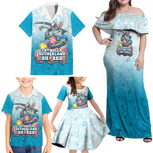 Personalized Cronulla Sutherland Sharks Family Matching Off Shoulder Maxi Dress and Hawaiian Shirt Easter Mascot - Colorful Eggs Cartoon Style
