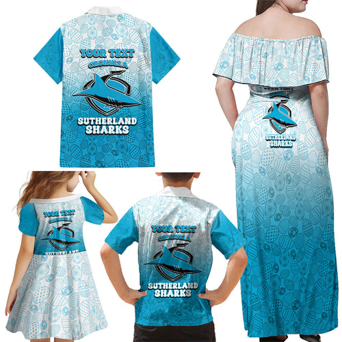 Personalized Cronulla Sutherland Sharks Family Matching Off Shoulder Maxi Dress and Hawaiian Shirt Easter Mascot - Colorful Eggs Cartoon Style