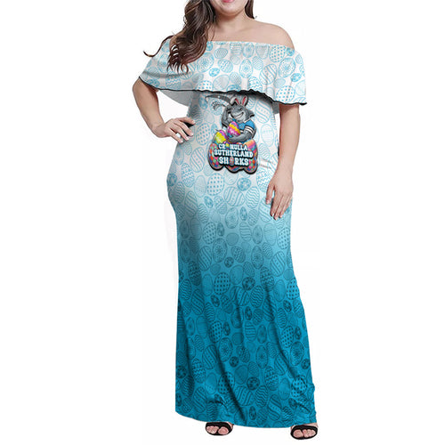 Personalized Cronulla Sutherland Sharks Family Matching Off Shoulder Maxi Dress and Hawaiian Shirt Easter Mascot - Colorful Eggs Cartoon Style