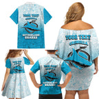 Personalized Cronulla Sutherland Sharks Family Matching Off Shoulder Short Dress and Hawaiian Shirt Easter Mascot - Colorful Eggs Cartoon Style