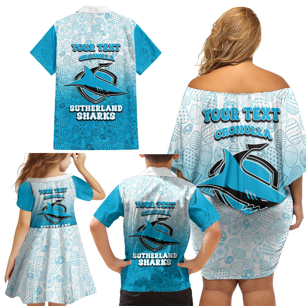 Personalized Cronulla Sutherland Sharks Family Matching Off Shoulder Short Dress and Hawaiian Shirt Easter Mascot - Colorful Eggs Cartoon Style