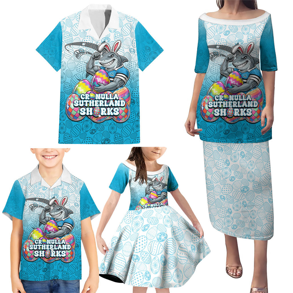 Personalized Cronulla Sutherland Sharks Family Matching Puletasi and Hawaiian Shirt Easter Mascot - Colorful Eggs Cartoon Style