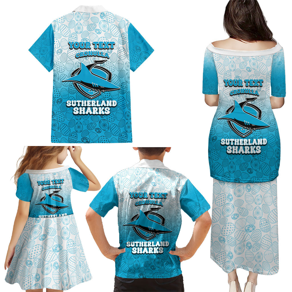 Personalized Cronulla Sutherland Sharks Family Matching Puletasi and Hawaiian Shirt Easter Mascot - Colorful Eggs Cartoon Style