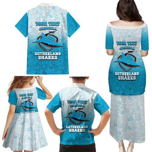 Personalized Cronulla Sutherland Sharks Family Matching Puletasi and Hawaiian Shirt Easter Mascot - Colorful Eggs Cartoon Style