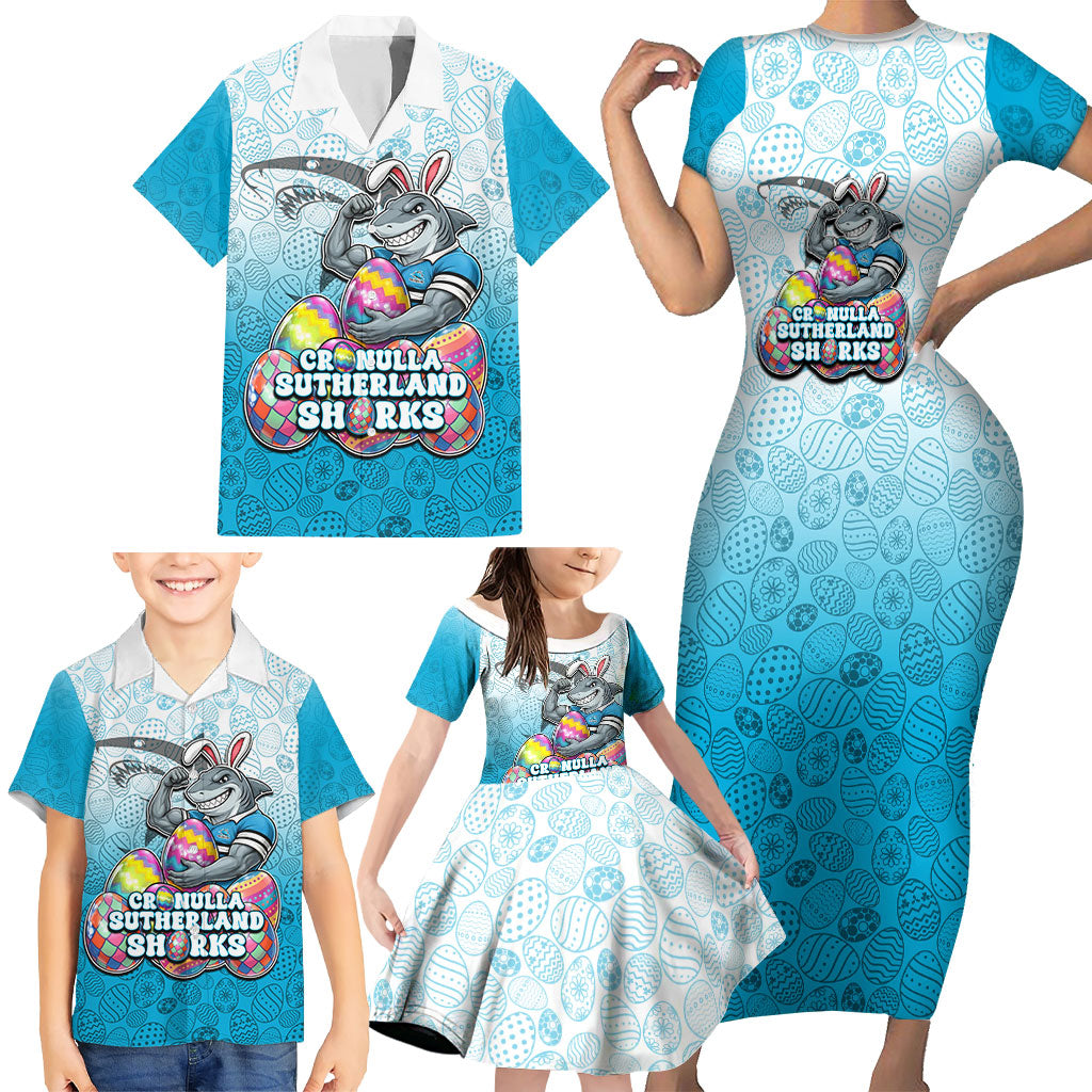Personalized Cronulla Sutherland Sharks Family Matching Short Sleeve Bodycon Dress and Hawaiian Shirt Easter Mascot - Colorful Eggs Cartoon Style