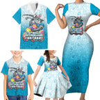 Personalized Cronulla Sutherland Sharks Family Matching Short Sleeve Bodycon Dress and Hawaiian Shirt Easter Mascot - Colorful Eggs Cartoon Style