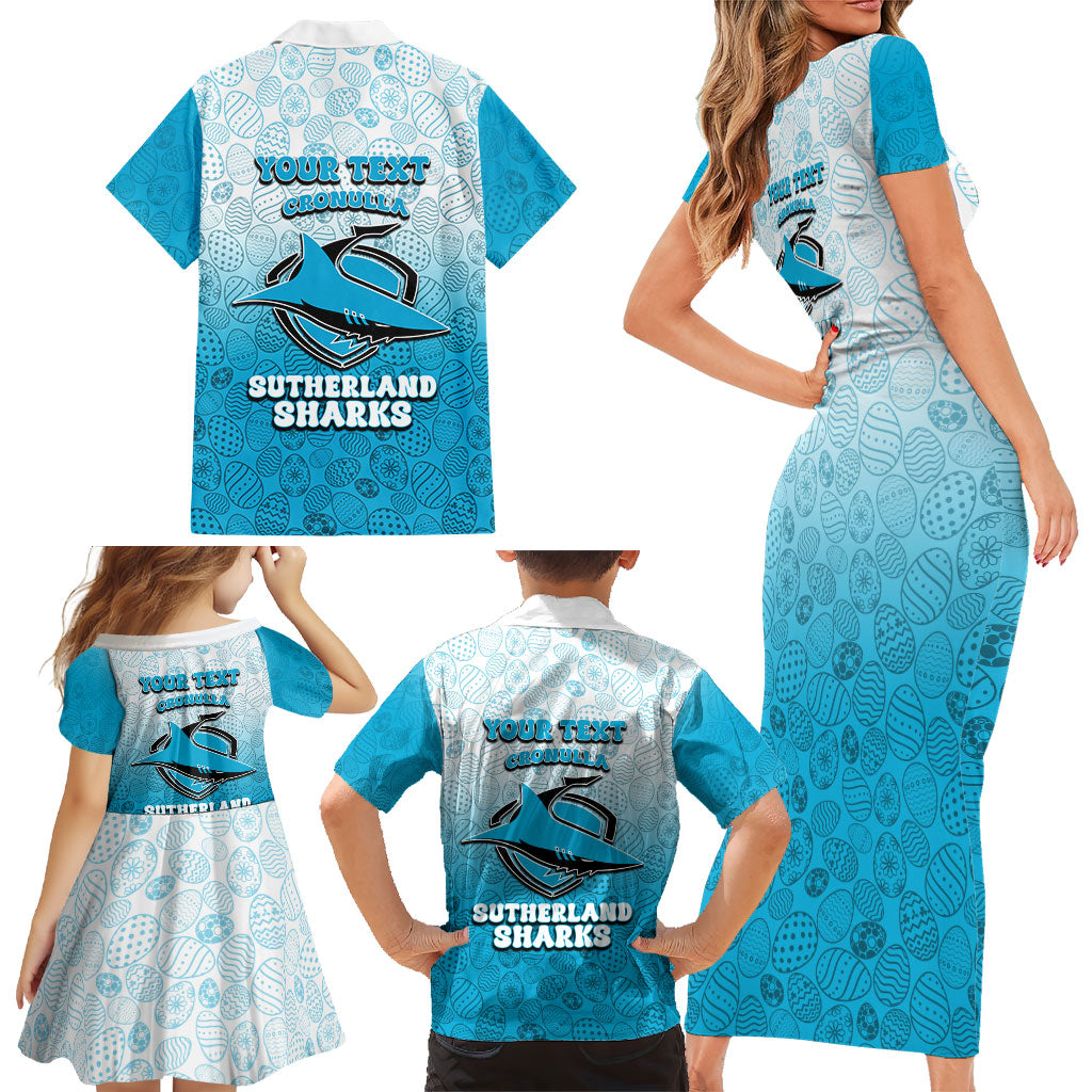 Personalized Cronulla Sutherland Sharks Family Matching Short Sleeve Bodycon Dress and Hawaiian Shirt Easter Mascot - Colorful Eggs Cartoon Style