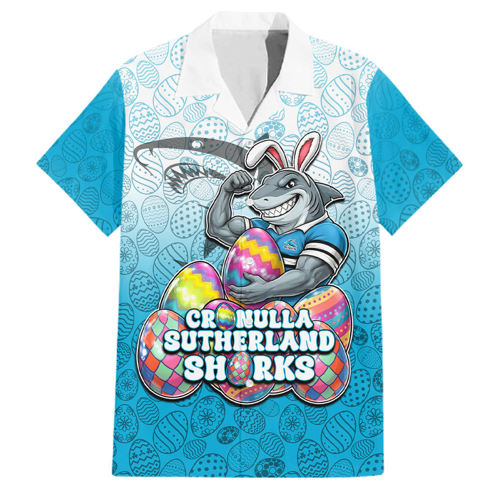 Personalized Cronulla Sutherland Sharks Family Matching Short Sleeve Bodycon Dress and Hawaiian Shirt Easter Mascot - Colorful Eggs Cartoon Style