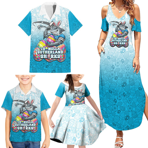 Personalized Cronulla Sutherland Sharks Family Matching Summer Maxi Dress and Hawaiian Shirt Easter Mascot - Colorful Eggs Cartoon Style