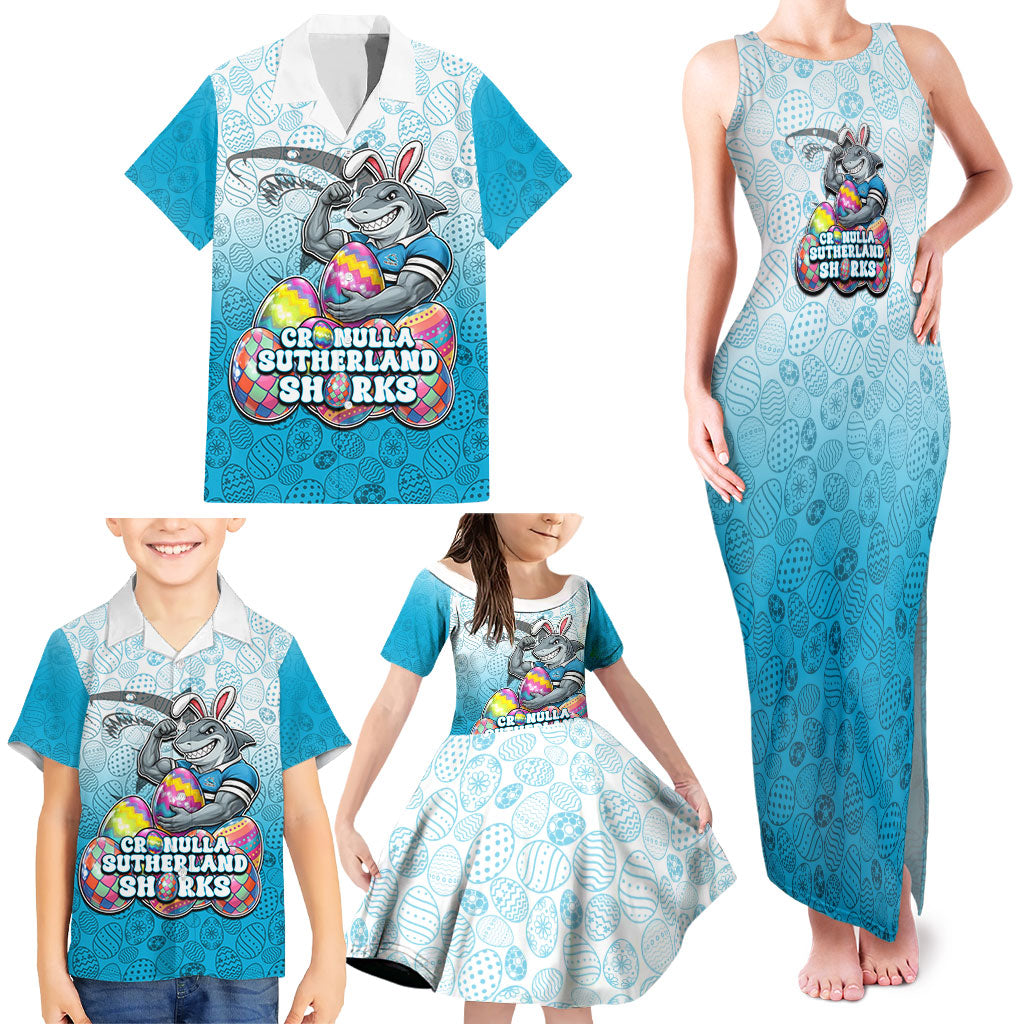Personalized Cronulla Sutherland Sharks Family Matching Tank Maxi Dress and Hawaiian Shirt Easter Mascot - Colorful Eggs Cartoon Style