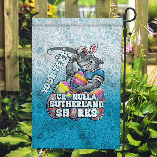 Personalized Cronulla Sutherland Sharks Garden Flag Easter Mascot - Colorful Eggs Cartoon Style