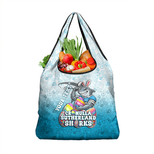 Personalized Cronulla Sutherland Sharks Grocery Bag Easter Mascot - Colorful Eggs Cartoon Style