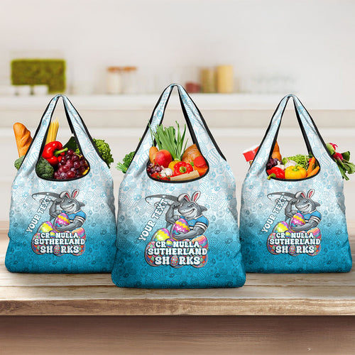 Personalized Cronulla Sutherland Sharks Grocery Bag Easter Mascot - Colorful Eggs Cartoon Style