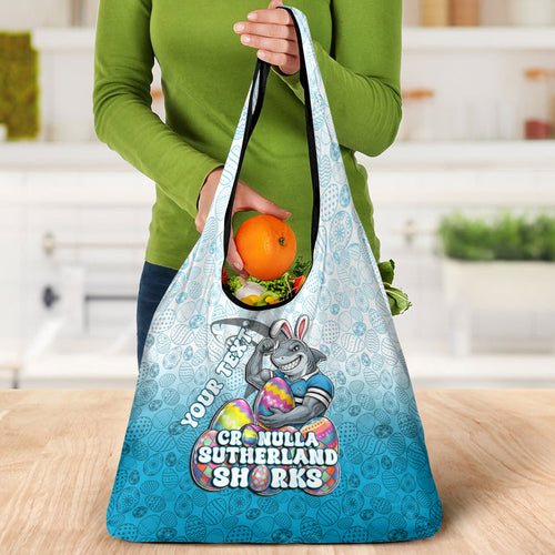 Personalized Cronulla Sutherland Sharks Grocery Bag Easter Mascot - Colorful Eggs Cartoon Style