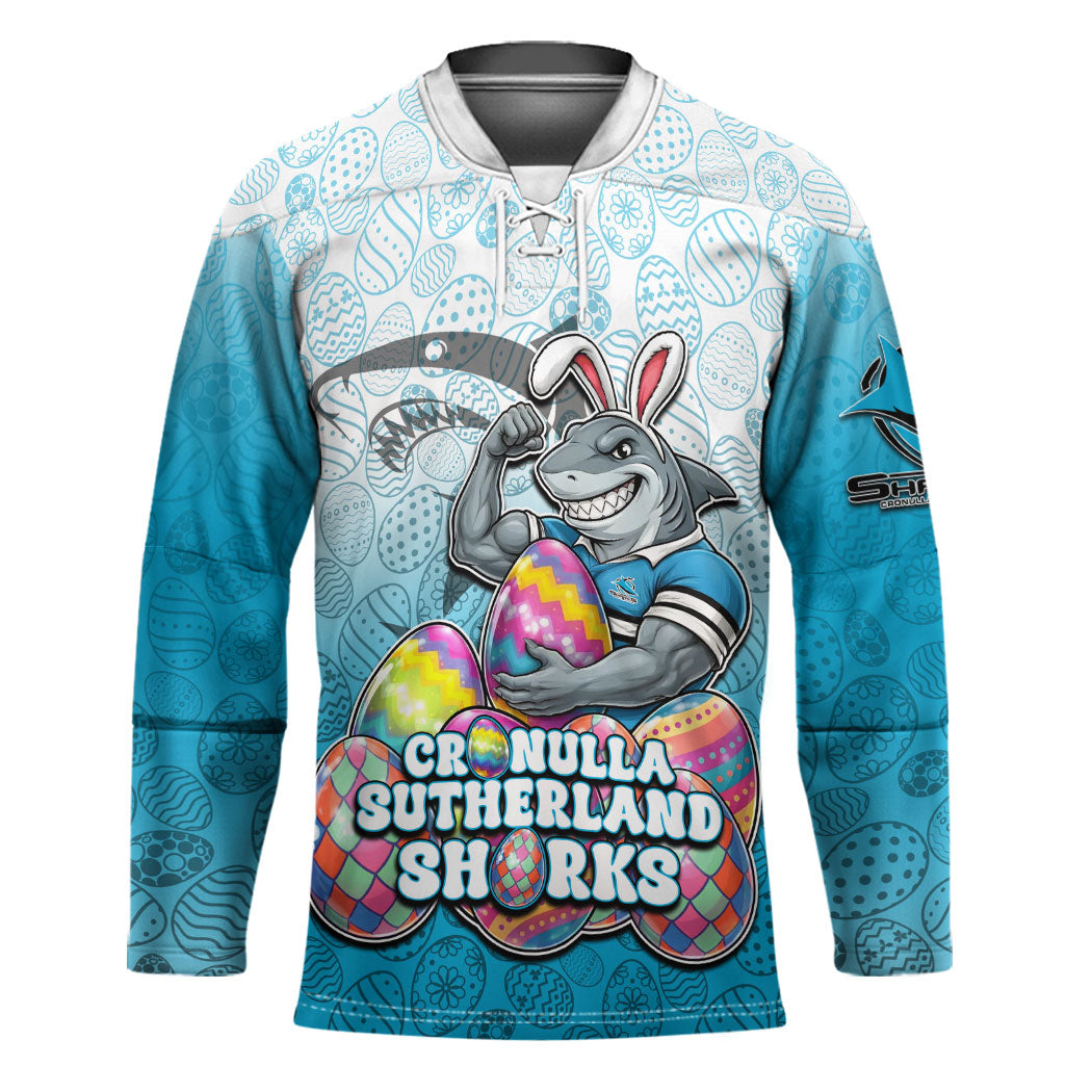 Personalized Cronulla Sutherland Sharks Hockey Jersey Easter Mascot - Colorful Eggs Cartoon Style