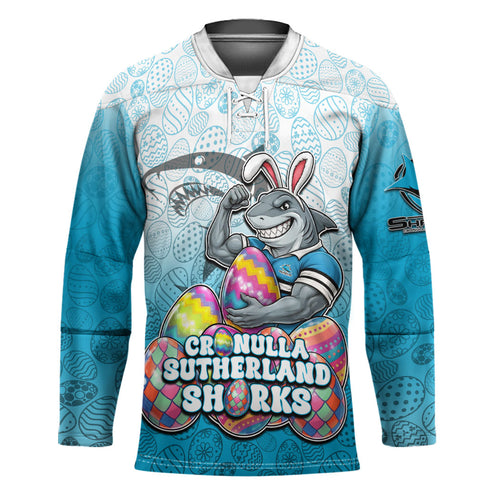 Personalized Cronulla Sutherland Sharks Hockey Jersey Easter Mascot - Colorful Eggs Cartoon Style