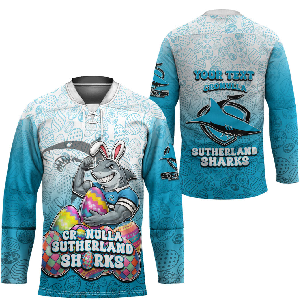 Personalized Cronulla Sutherland Sharks Hockey Jersey Easter Mascot - Colorful Eggs Cartoon Style