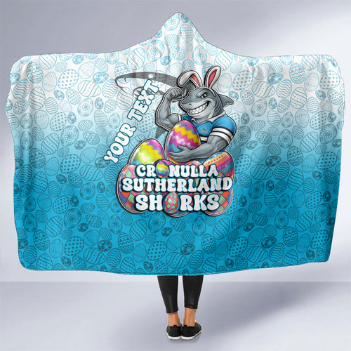 Personalized Cronulla Sutherland Sharks Hooded Blanket Easter Mascot - Colorful Eggs Cartoon Style