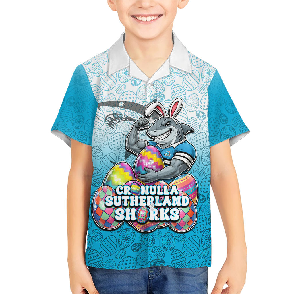 Personalized Cronulla Sutherland Sharks Kid Hawaiian Shirt Easter Mascot - Colorful Eggs Cartoon Style