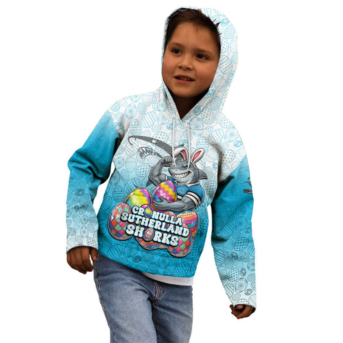 Personalized Cronulla Sutherland Sharks Kid Hoodie Easter Mascot - Colorful Eggs Cartoon Style