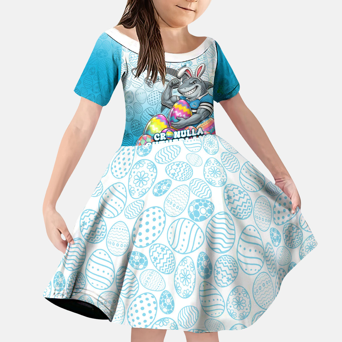 Personalized Cronulla Sutherland Sharks Kid Short Sleeve Dress Easter Mascot - Colorful Eggs Cartoon Style