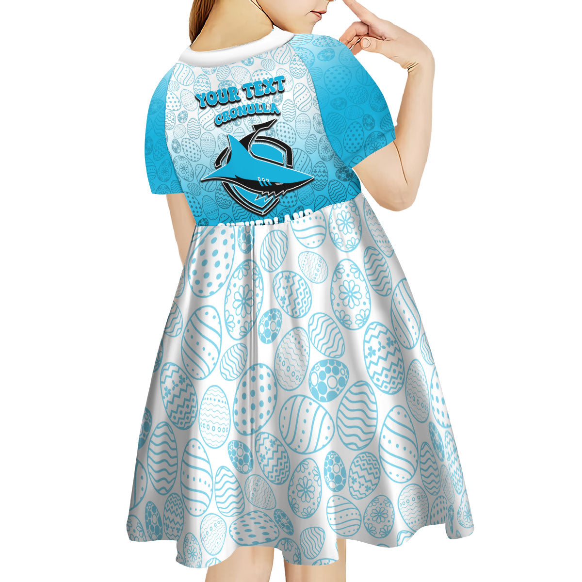 Personalized Cronulla Sutherland Sharks Kid Short Sleeve Dress Easter Mascot - Colorful Eggs Cartoon Style