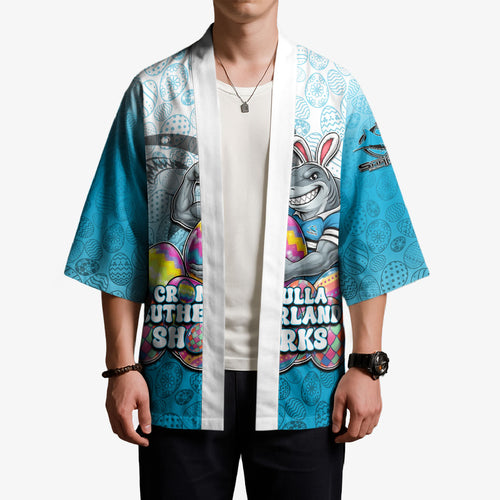Personalized Cronulla Sutherland Sharks Kimono Easter Mascot - Colorful Eggs Cartoon Style
