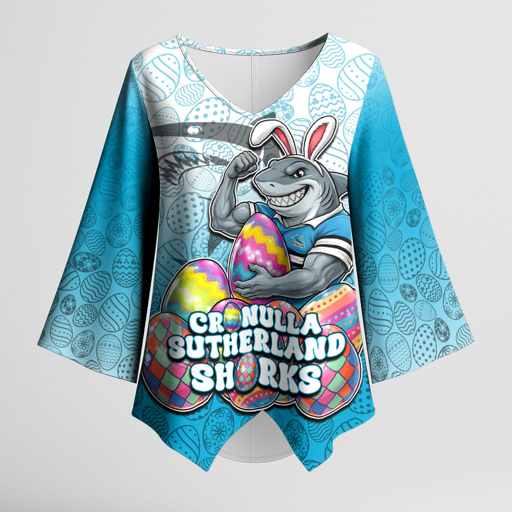 Personalized Cronulla Sutherland Sharks Kimono Sleeve Blouse Easter Mascot - Colorful Eggs Cartoon Style