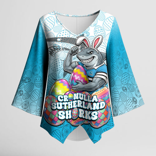 Personalized Cronulla Sutherland Sharks Kimono Sleeve Blouse Easter Mascot - Colorful Eggs Cartoon Style