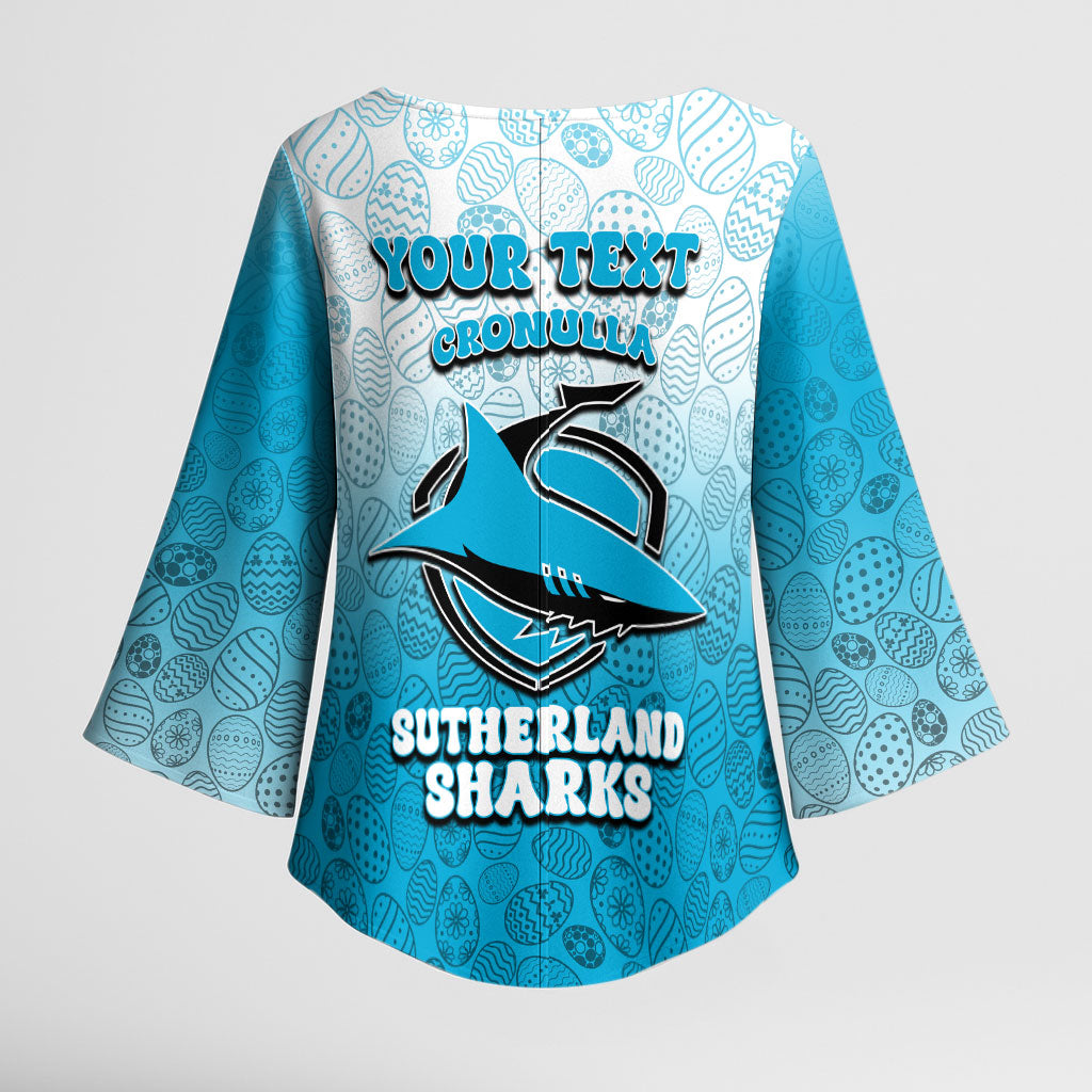 Personalized Cronulla Sutherland Sharks Kimono Sleeve Blouse Easter Mascot - Colorful Eggs Cartoon Style