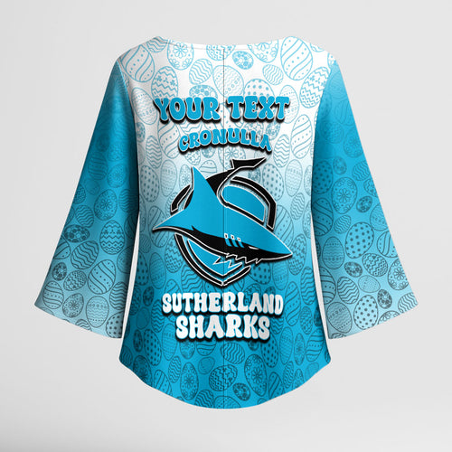 Personalized Cronulla Sutherland Sharks Kimono Sleeve Blouse Easter Mascot - Colorful Eggs Cartoon Style