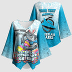 Personalized Cronulla Sutherland Sharks Kimono Sleeve Blouse Easter Mascot - Colorful Eggs Cartoon Style
