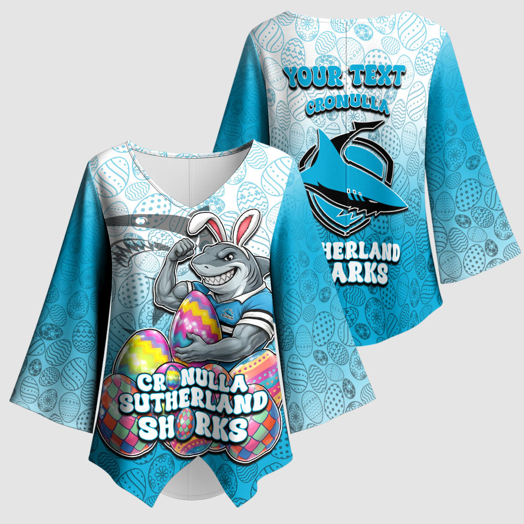 Personalized Cronulla Sutherland Sharks Kimono Sleeve Blouse Easter Mascot - Colorful Eggs Cartoon Style