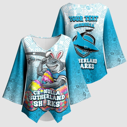 Personalized Cronulla Sutherland Sharks Kimono Sleeve Blouse Easter Mascot - Colorful Eggs Cartoon Style