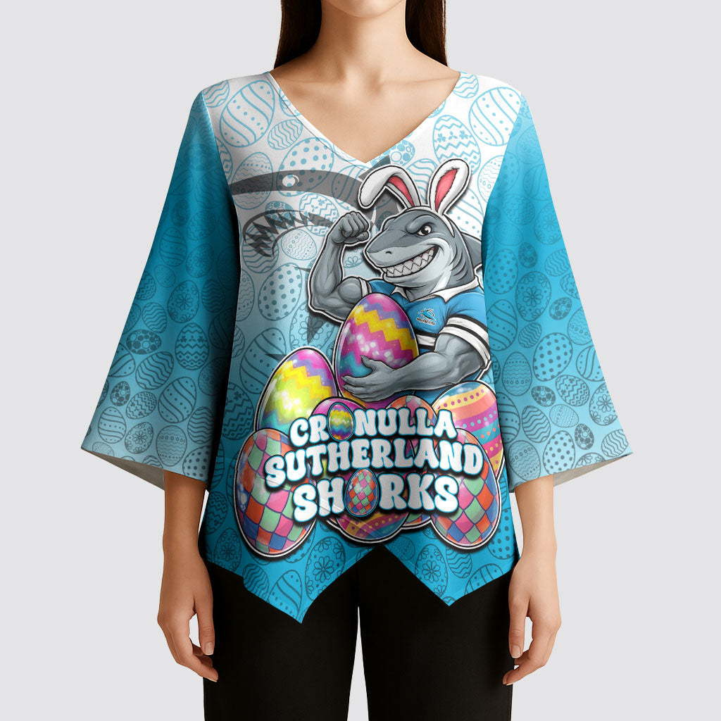 Personalized Cronulla Sutherland Sharks Kimono Sleeve Blouse Easter Mascot - Colorful Eggs Cartoon Style