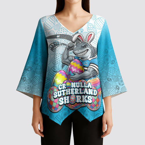Personalized Cronulla Sutherland Sharks Kimono Sleeve Blouse Easter Mascot - Colorful Eggs Cartoon Style