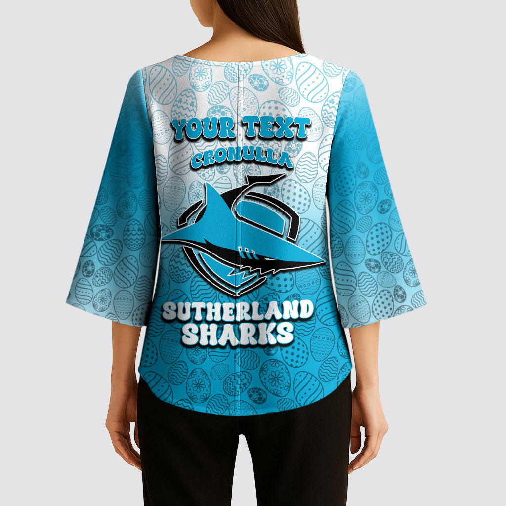 Personalized Cronulla Sutherland Sharks Kimono Sleeve Blouse Easter Mascot - Colorful Eggs Cartoon Style