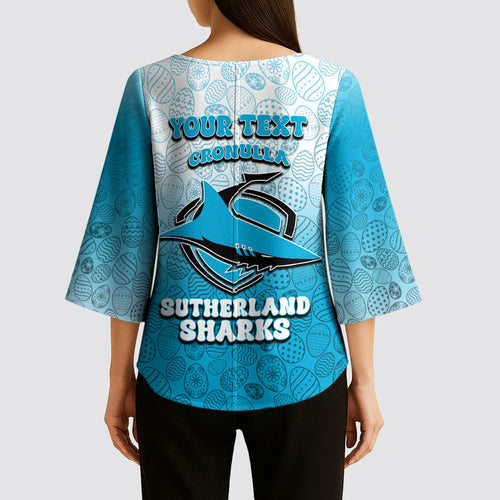Personalized Cronulla Sutherland Sharks Kimono Sleeve Blouse Easter Mascot - Colorful Eggs Cartoon Style
