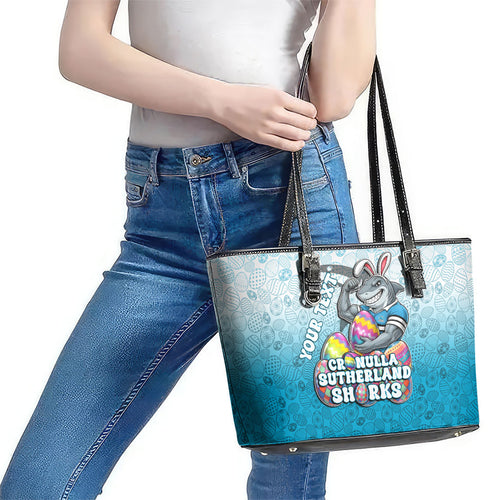 Personalized Cronulla Sutherland Sharks Leather Tote Bag Easter Mascot - Colorful Eggs Cartoon Style